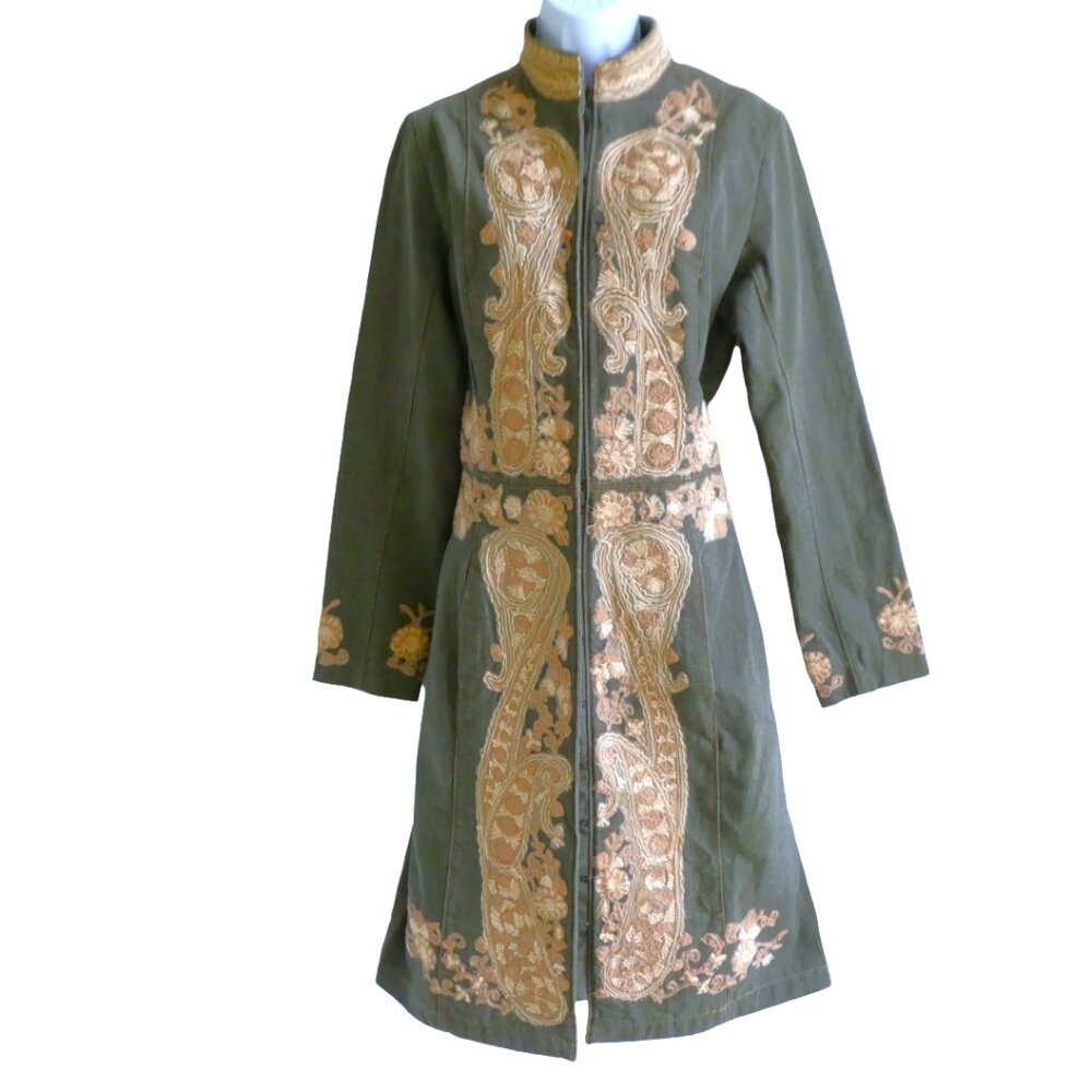Vintage 90s Designer Flower Embossed Denim Trench Coat 3D Paisley Satin Lined 10 - Picture 1 of 14